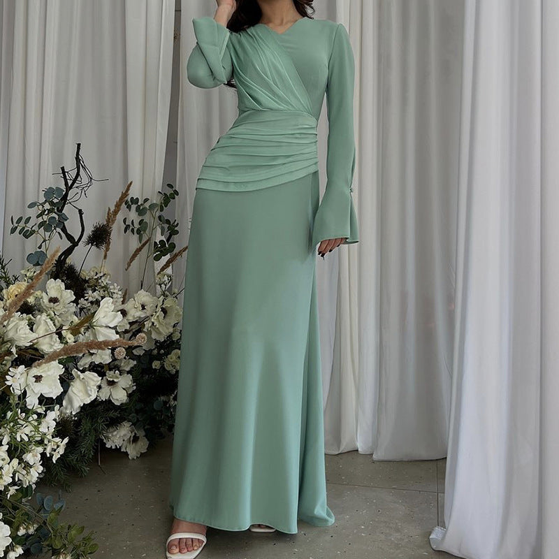 Temperament Micro-Trumpet Folded Cross Superimposed Tying Belt Girded Waist Dressing Spliced High-Waisted Dress