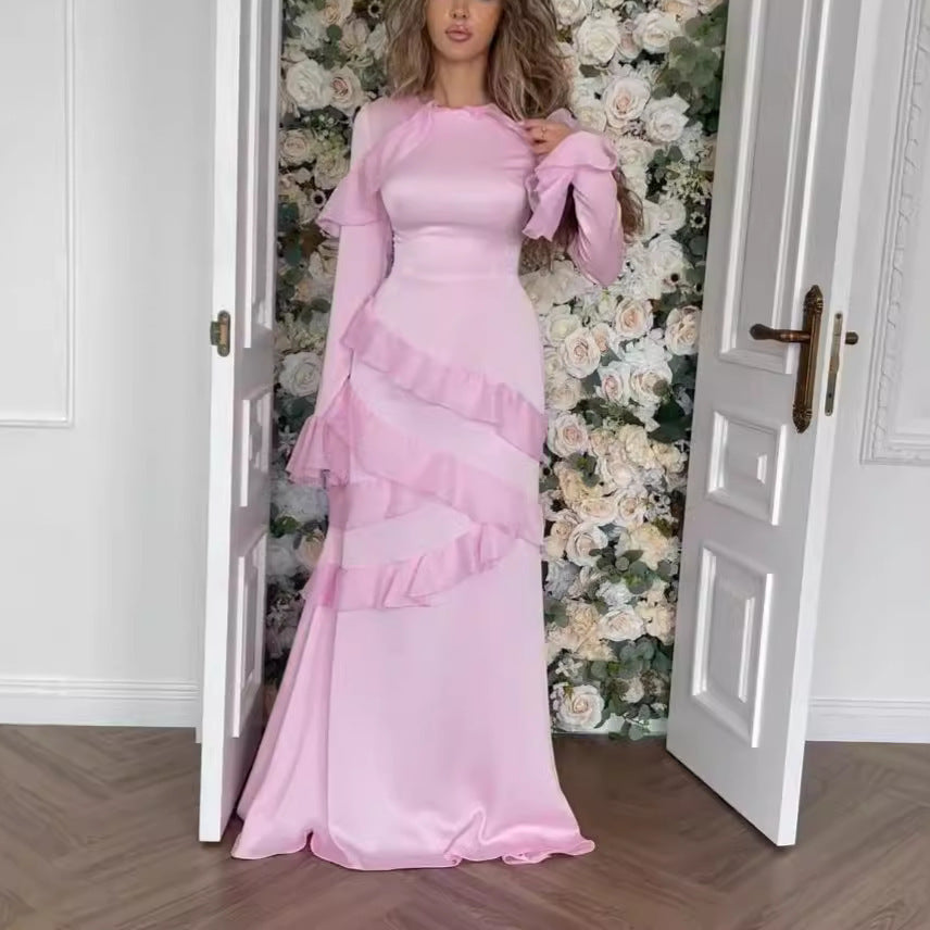 Temperament Autumn And Winter New Women's Clothing Stitching Rules Lotus Leaf Lace Bag Hip Dress