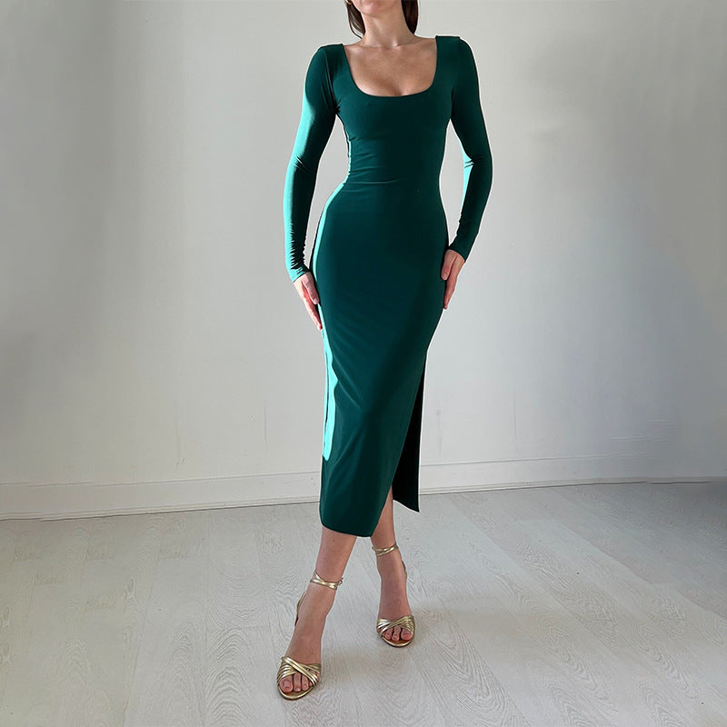 2025 New Solid-Color Long-Sleeved Bag-Pupled With Open-Fork Elastic Dress