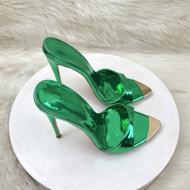 Fashion Sandals Laser Green 12CM Fine Heel High Heels Walking Shoes High Quality Shoes