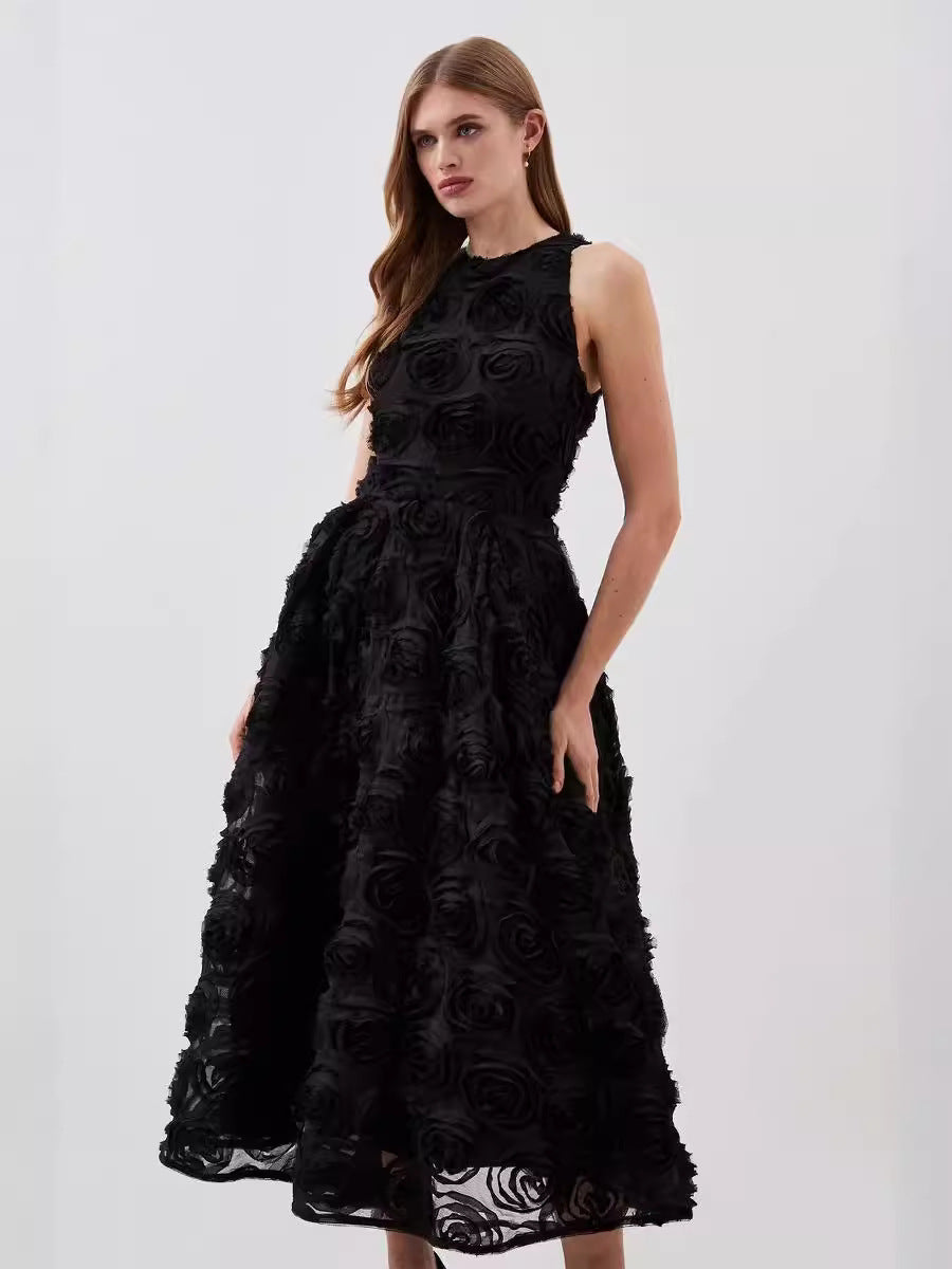 Summer New Round-Neck Sleeveless Three-Dimensional Flower Belt To Receive Long-Term Dress Women