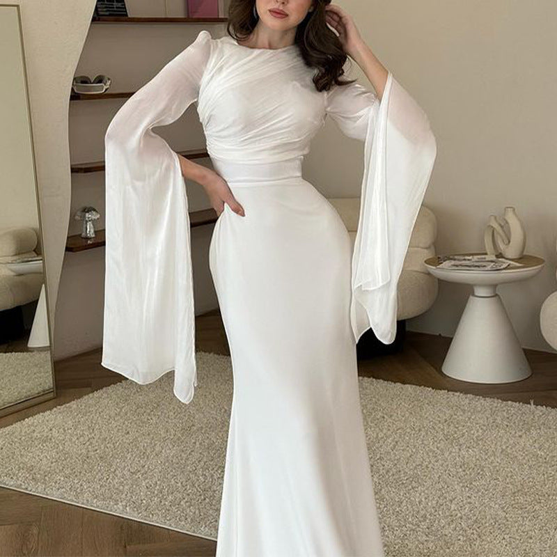 And Autumn 2024 Solid Color Splicing Big Swing Sleeve Collar Body Repair Dress Dress