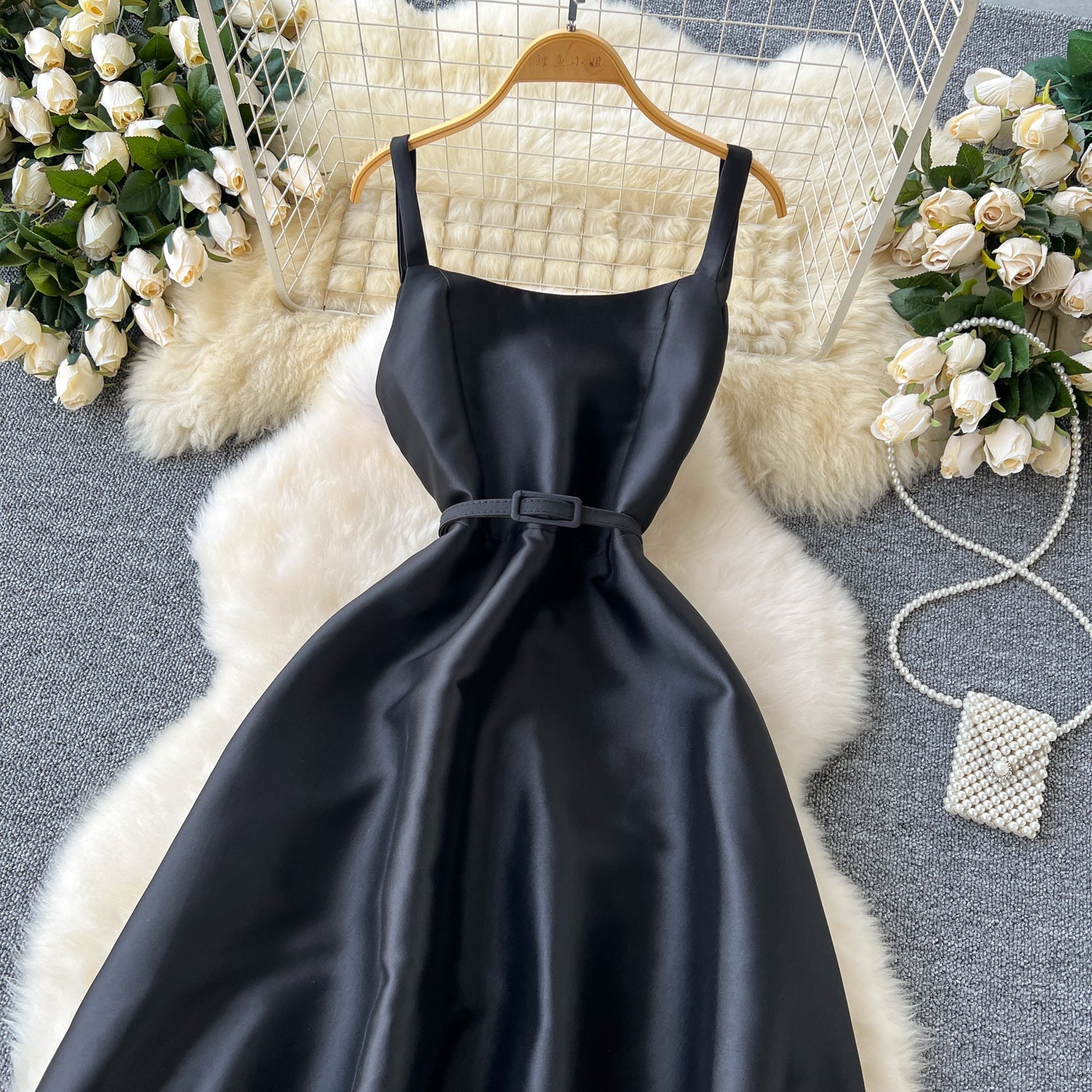 A line Straps Black Satin Holiday Dresses Midi Length Women's Dress SD1272