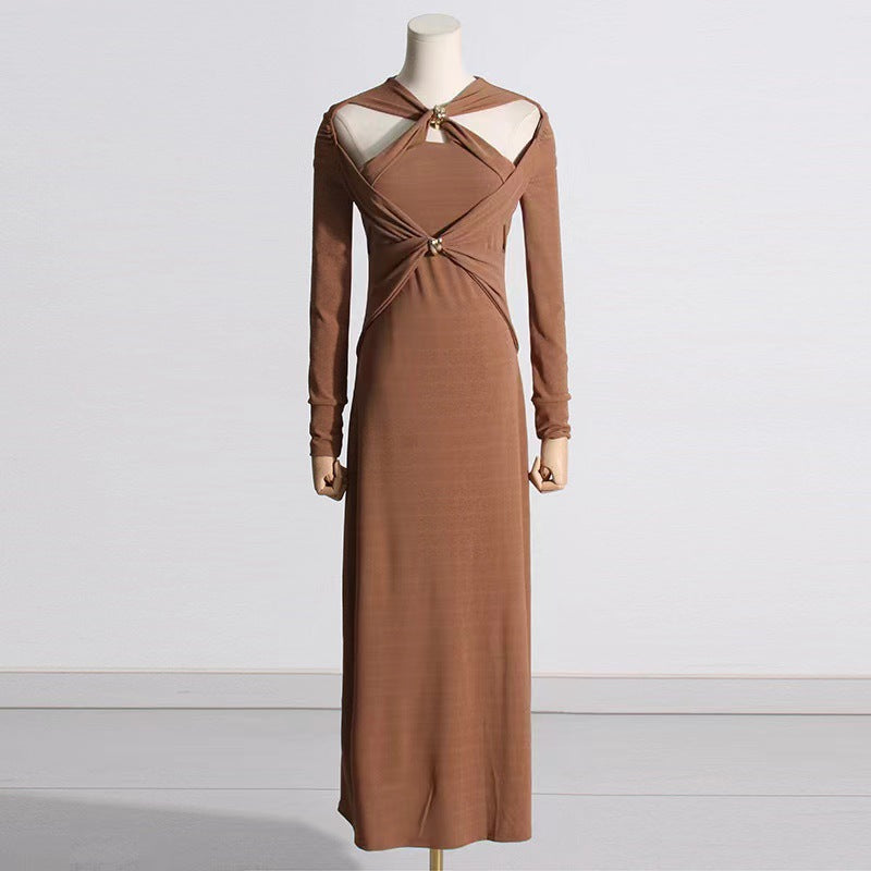 2024 Hanging Neck Long Sleeve Dress Slim Light Luxury Sexy Long Dress