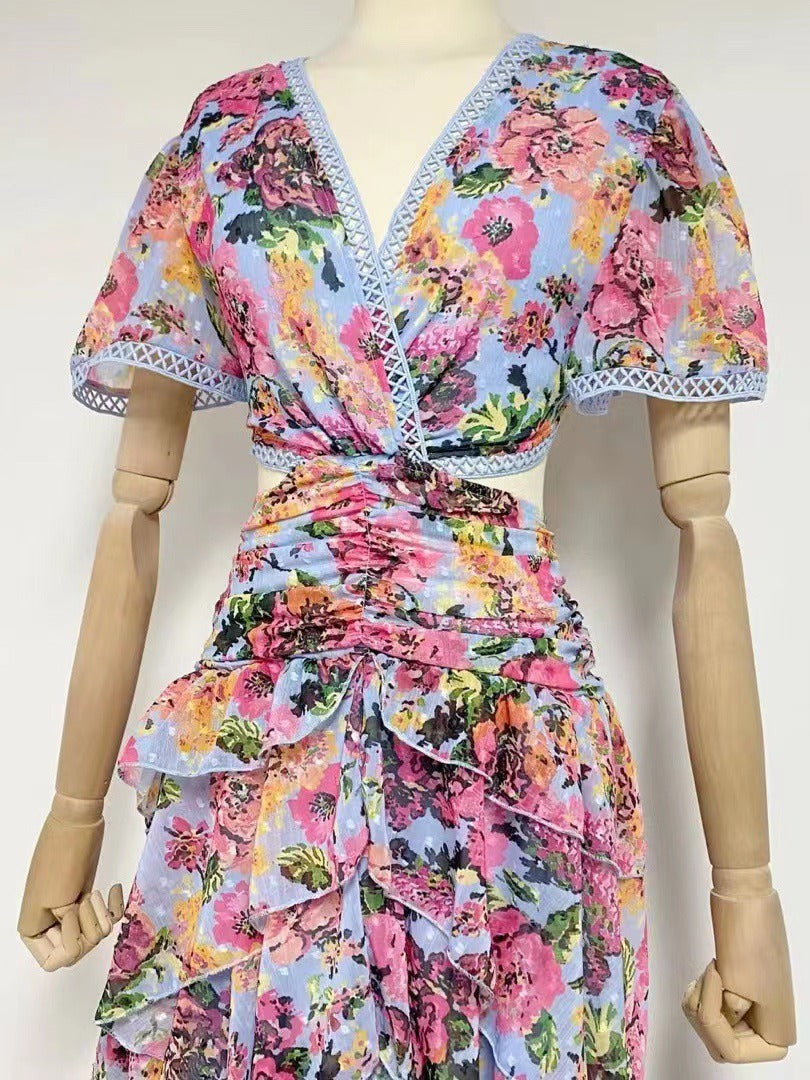 Niche 2025 Spring And Autumn V-Necked Lotus Leaf Side Splicing Skirt Sexy Loaf Long Dress Woman