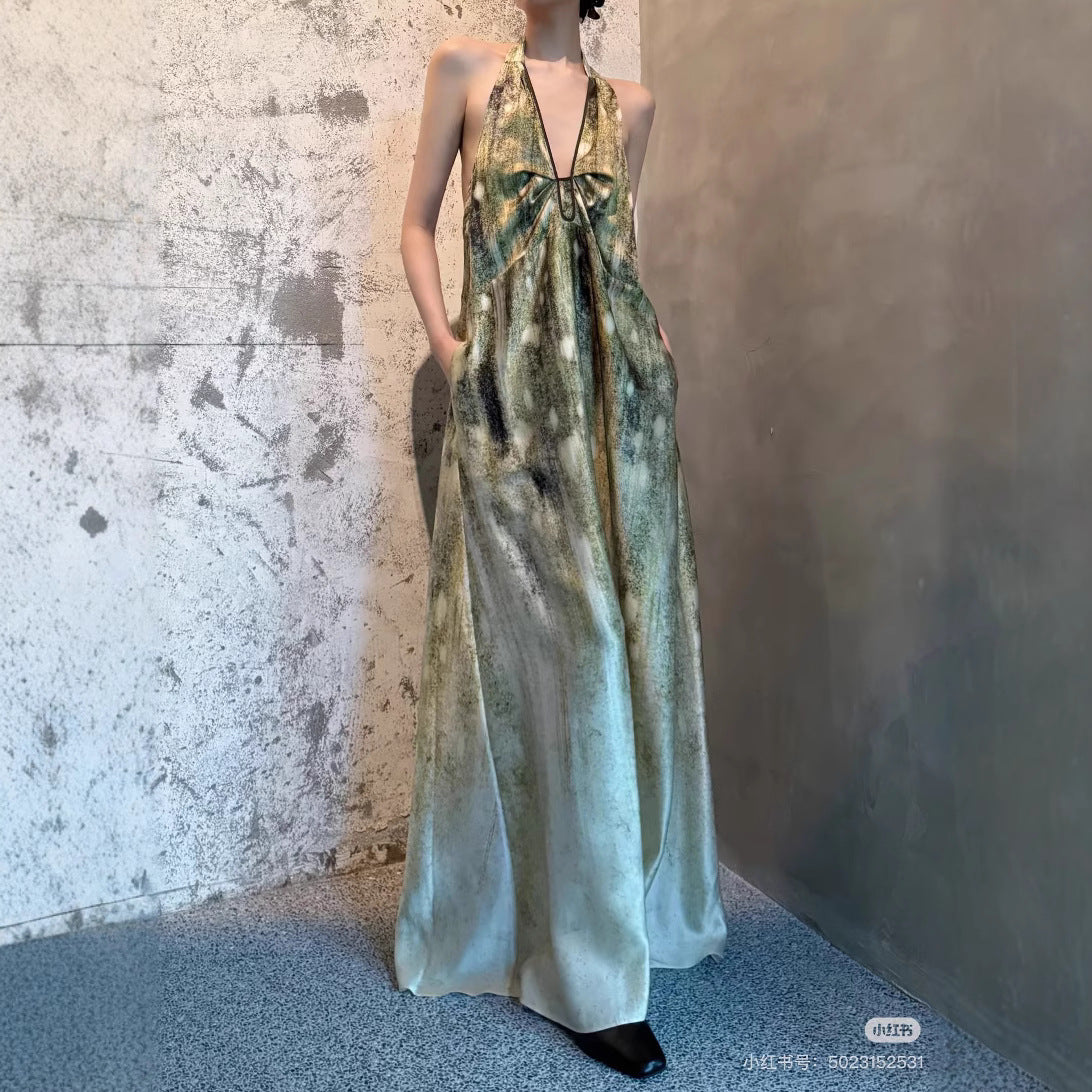 High-End Spring-Summer New Holiday Wind Hanging Shoulder Dress V Neck Strapped Bare Back Dress