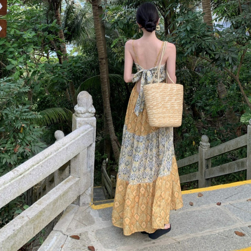 Summer Dress New Seaside Holiday Wind Loose Sling V Tie Print Splicing Dress Dress Waist And Ankle