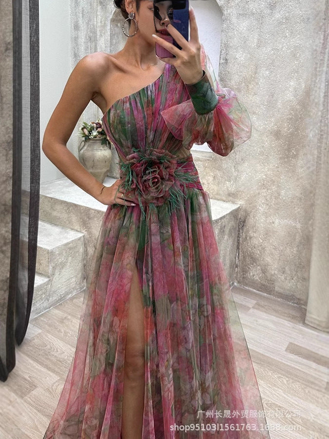 New Party Mesh Slanted Shoulder Dress INS Casual Fashion Dress Women HZ0628