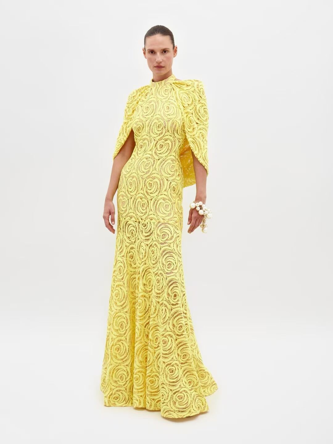 Ladies 2025 Spring Party Collar Shawl Stylish Elegant Yellow Lace Dress Dress Dress Dress Dress
