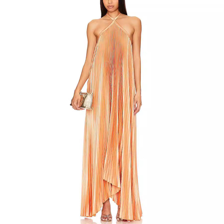 Women's Clothing Hanging Neck-Deck Sexy Dress Holiday Sleeveless Fashion 100 Folded Women 8080 HZ0628