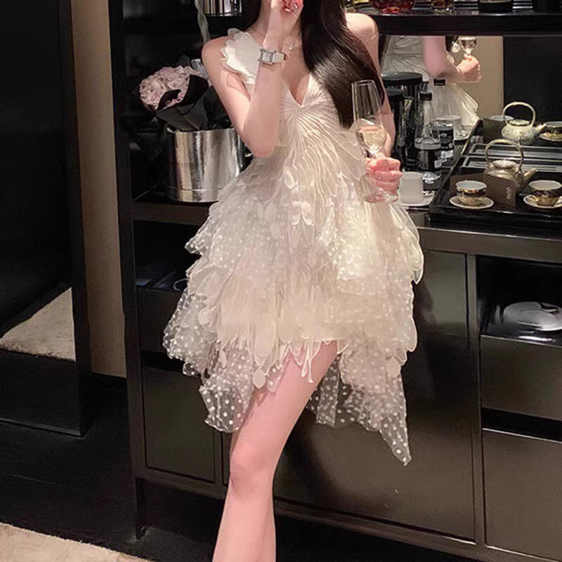 2025 White Feathers Hollow V-Necked Dress 9009
