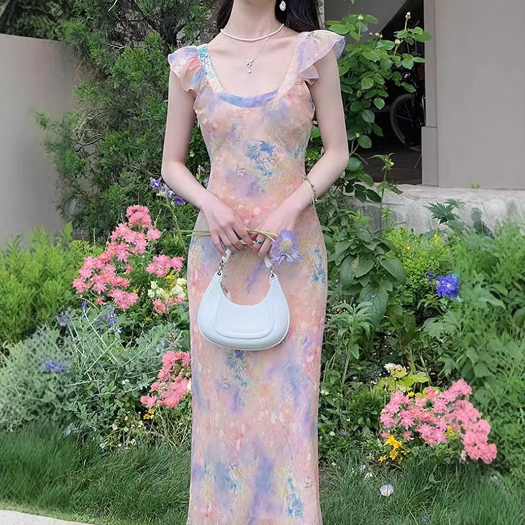 Oil Painting Pink Dress Women's New Summer Temperament To Collect Waist Thin Sling Skirt Holiday Long Broken Floral Dress HZ0628