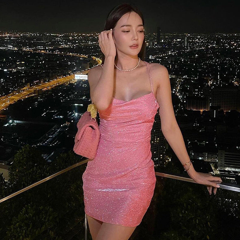 Knitted Bareback Sling Dress 2025 Summer Women's Fashion Sexy Short Bag Hip Dress DJPT