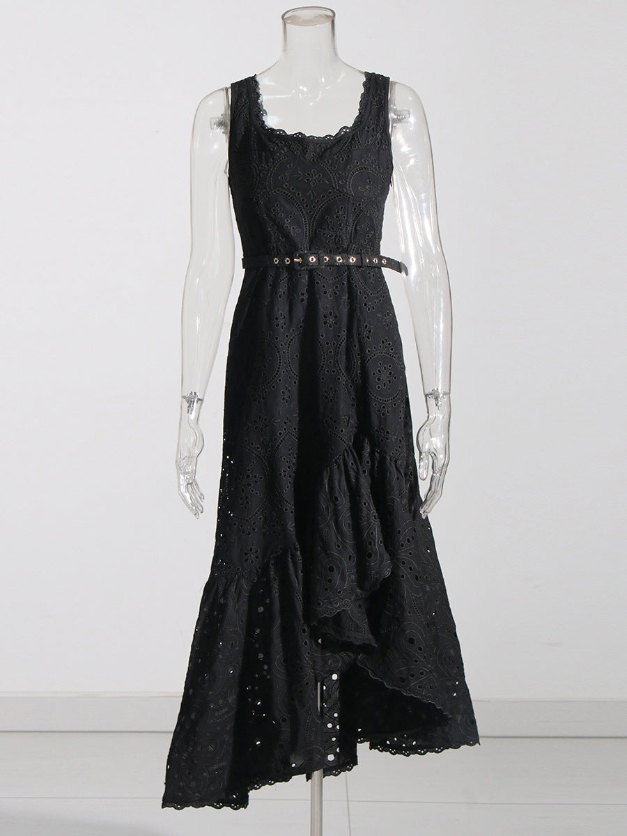 Holiday Dress 2025 New Square Collar Sleeveless Lace Design Mid-Rise Irregular Dress Woman