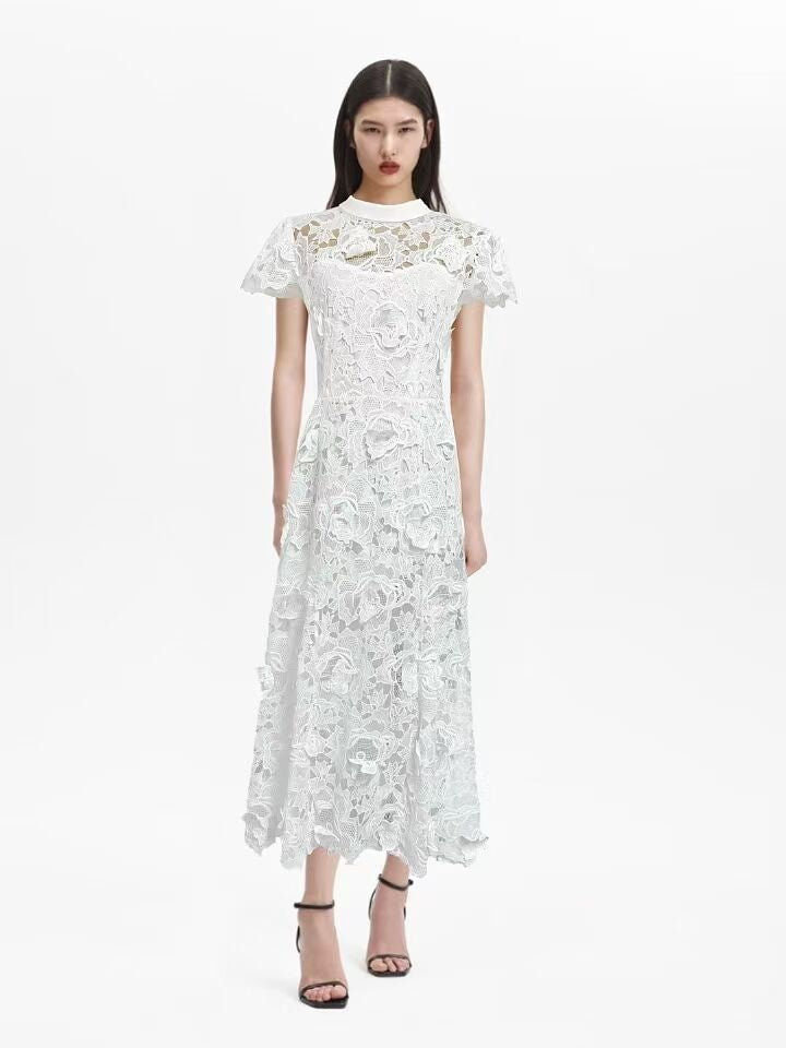Lace Dress Women's Summer 2025 Three-Dimensional Flowers Short Sleeves To Show Thin Temperament Rose Red Dress Dress