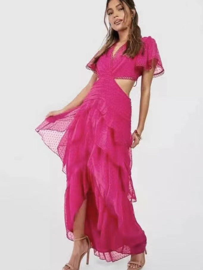 Niche 2025 Spring And Autumn V-Necked Lotus Leaf Side Splicing Skirt Sexy Loaf Long Dress Woman