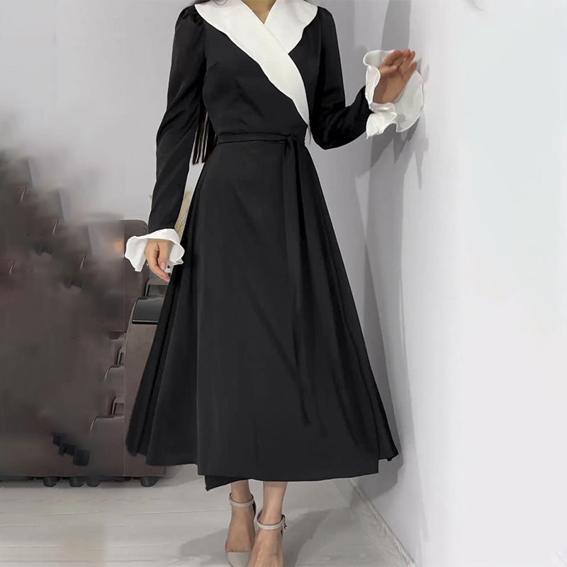 Cross Lotus Collar Temperament Black And White Bumpy Leaf Sleeve Umbrella Dress Dress Dress Dress