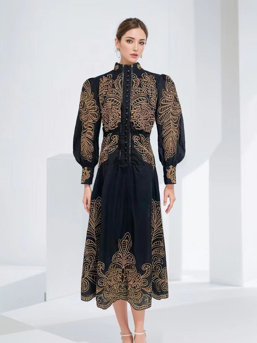 Early Spring And Autumn New Collar Embroidery Embroidery Process Single Buckle Waist Long Dress Woman