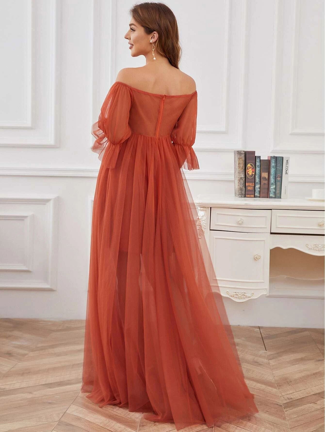 Dress Short Sleeves Solid-Colored Pregnant Women's Dress Tulle Long Pregnant Dress Maternity