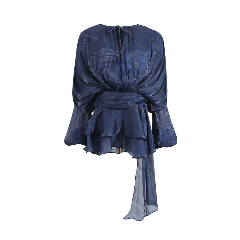 Famous Wind Dress 2025 Spring New Round Neck Long Sleeve Tie With Languid Short Skirt Lady