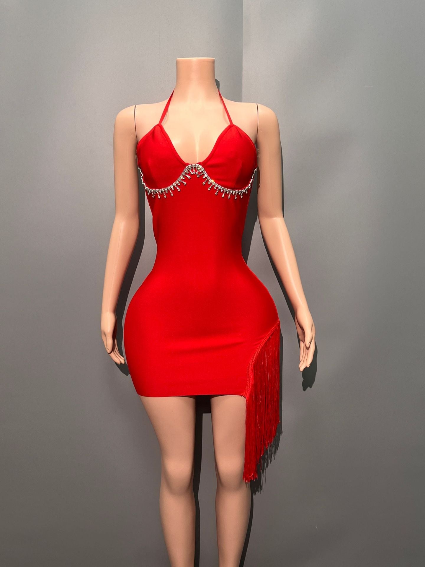 Women's Deep V-Neck Hanging Neck Tuxedo Short Bag Ass Party Sexy Hot Girl Bandage Dress