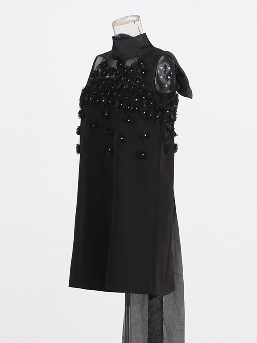 Temperament Sexy Wind 2025 Summer New Mesh Splicing Flowers Decorated Nails Sleeveless Tidal Dress