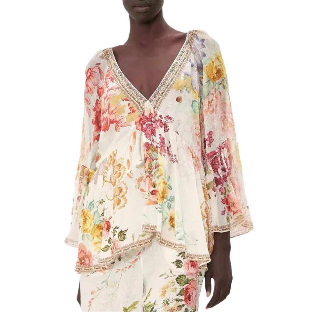 Autumn Mixed Batch Of Australian Tide Brand CML Famous Fairy Spirit Silk Print V Collar Horn Sleeves Holiday Blouse
