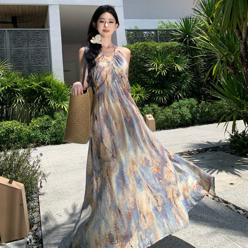 Retro Oil Painting Smashed Flowers To Take The Sling Dress To The Waist Dress Seaside Holiday Showback Beach Dress Woman