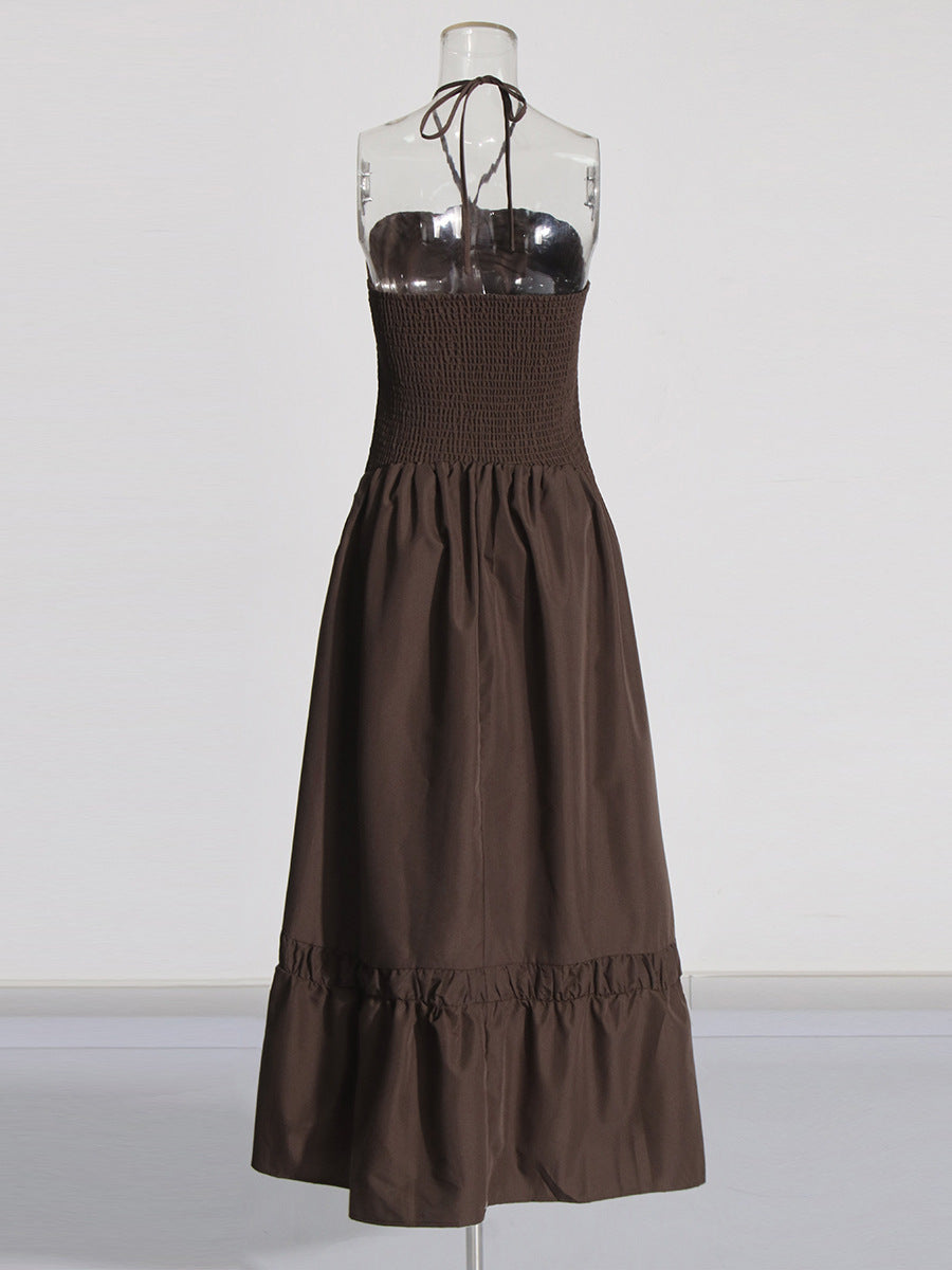 Temperament Gentle Wind 2025 Summer New Splicing Convex Flowers Decorated Hanging Neck Silk Dress Woman