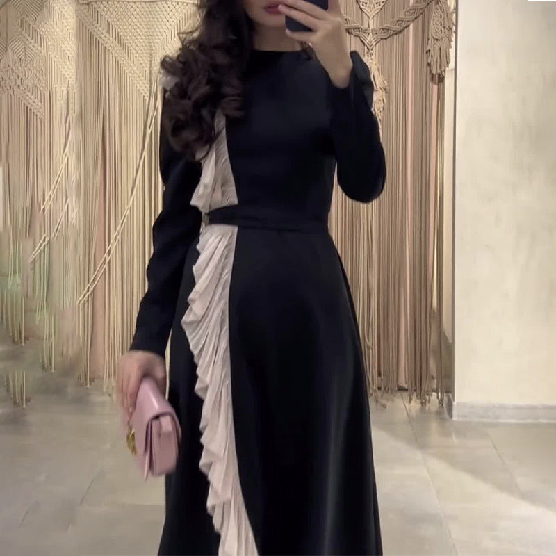 High-Level Temperament Side Irregular Lotus Side Design Contrast Dress