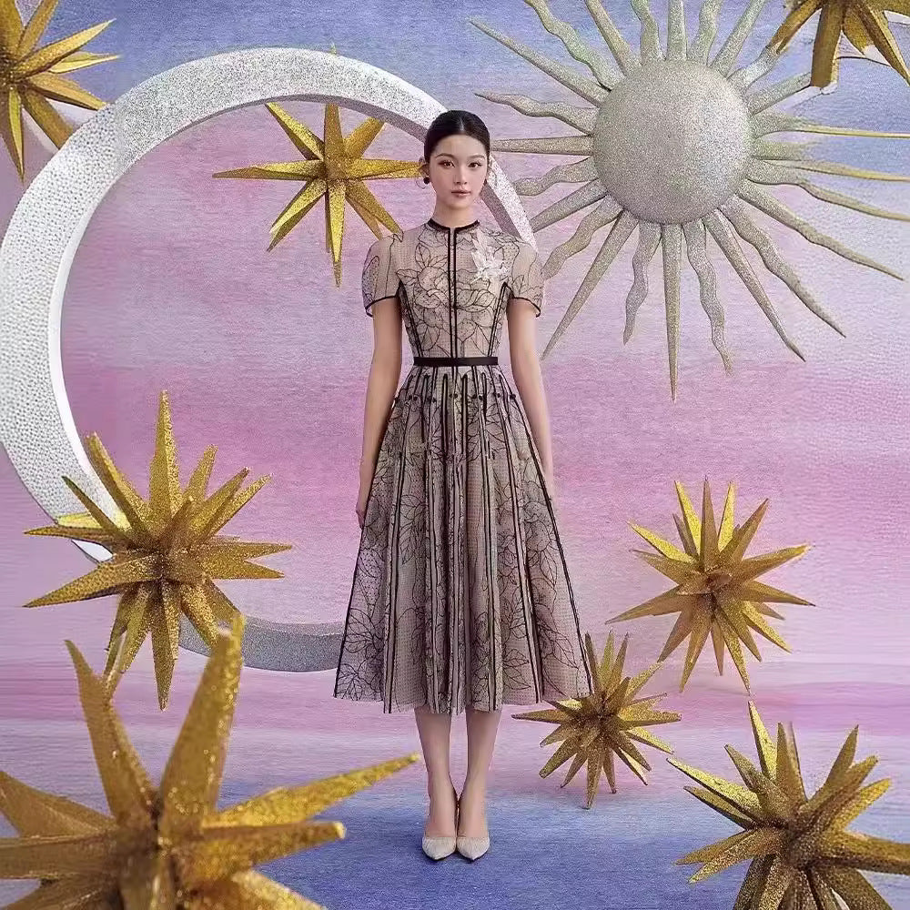 2025 Summer Round Collar Lace Three-Dimensional Flower Mesh Embroidery Dress