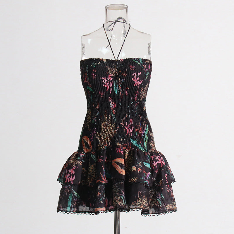 Holiday Wind 2025 Summer New Breast-Scaring Necked Neck Design Short-Height Bullet Short Dress