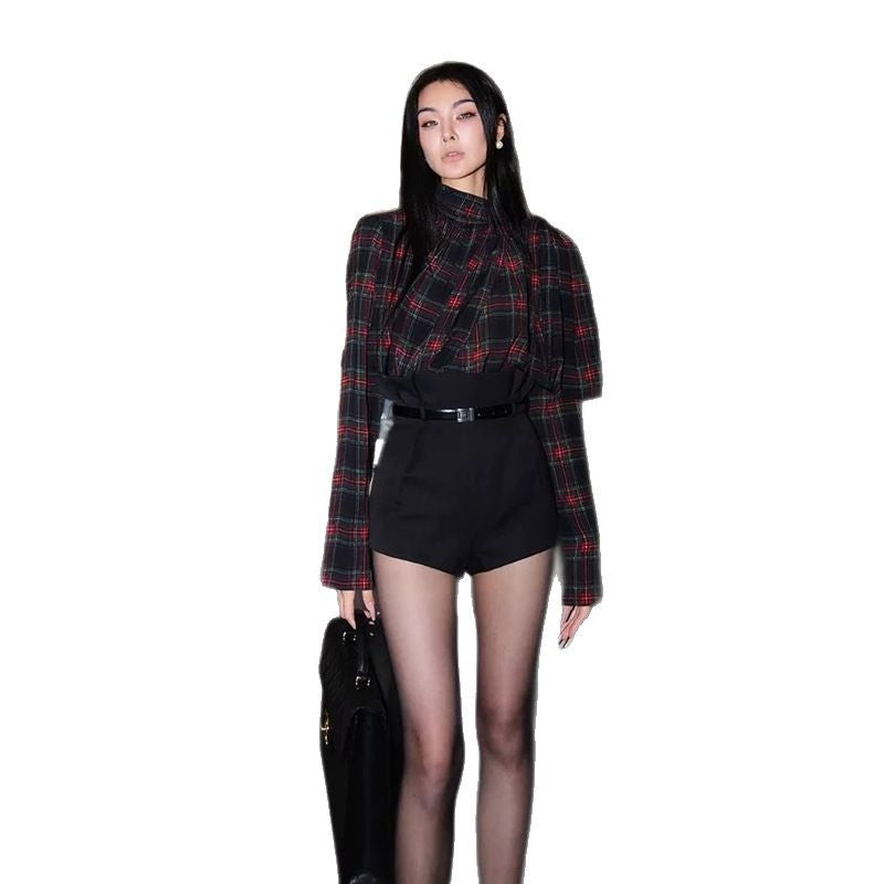 Belt) Zhao Sanguan Plaid Shirt Women 2025 Retro Plaid Shirt / High-Waisted Shorts