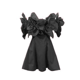 Evening Dress Three-Dimensional Flowers Spliced A Word Shoulder Skirt 2025 New Women's Summer Waist Solid Color Dress Women