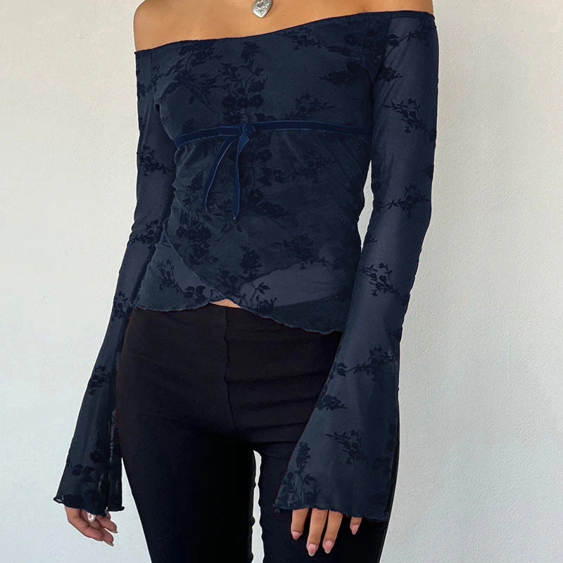 Shoulder Mesh Printing Long-Sleeved Top 2025 Summer New Fashion Hottie T-Shirt Girl DJPT