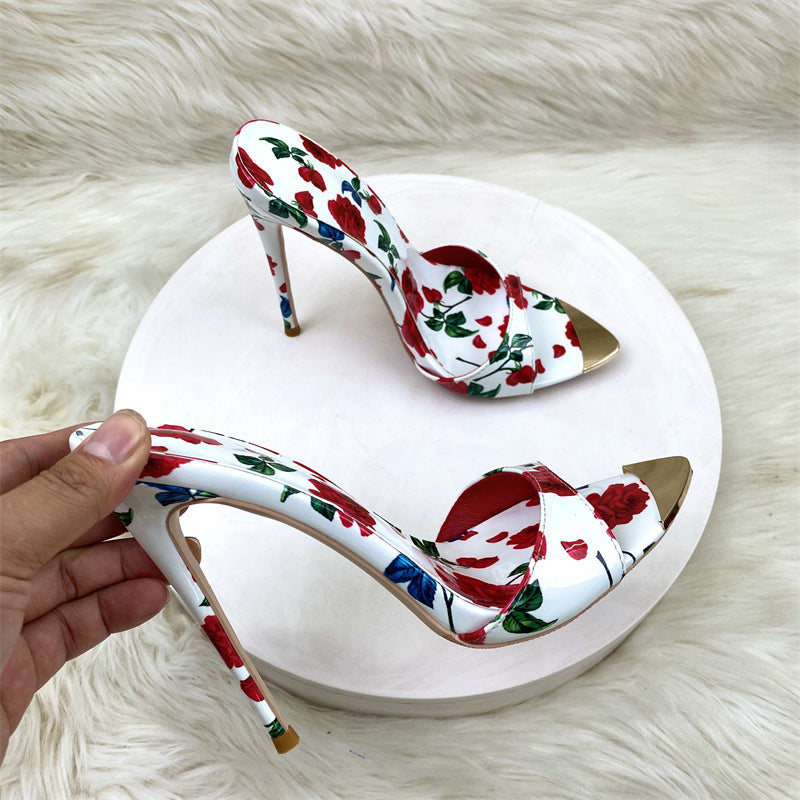 Summer Word Drag High Heel Shoes 12CM Tip Finger Fine Heel Sexy Printed Women's Shoes High Quality Shoes