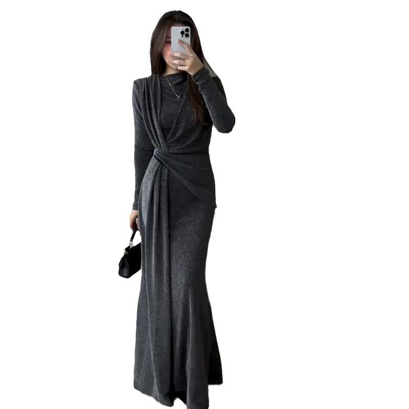 Sexy Fashion Round Collar Folds To The Waist To Repair The Solid Color Temperament Dress