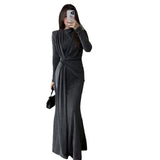 Sexy Fashion Round Collar Folds To The Waist To Repair The Solid Color Temperament Dress