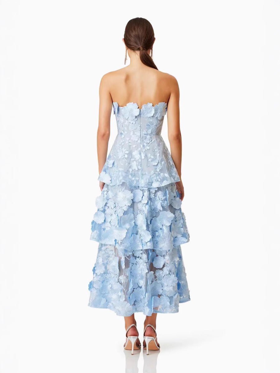 New Flower Three-Dimensional Decoration Solid Color Tarnish Sleeveless Long Dress Woman