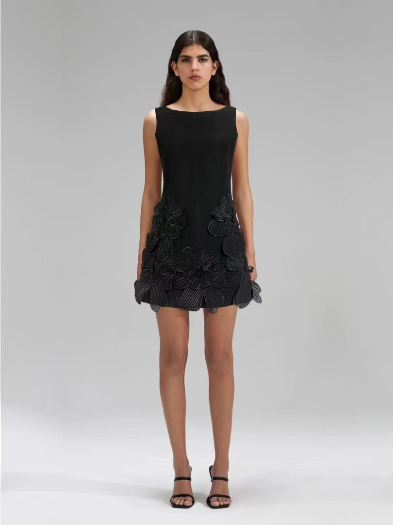 Dress 2025 Summer Banquet Stylish Elegant Round-Neck Three-Dimensional Flowers Sleeveless A-Shaped Dress Skirt