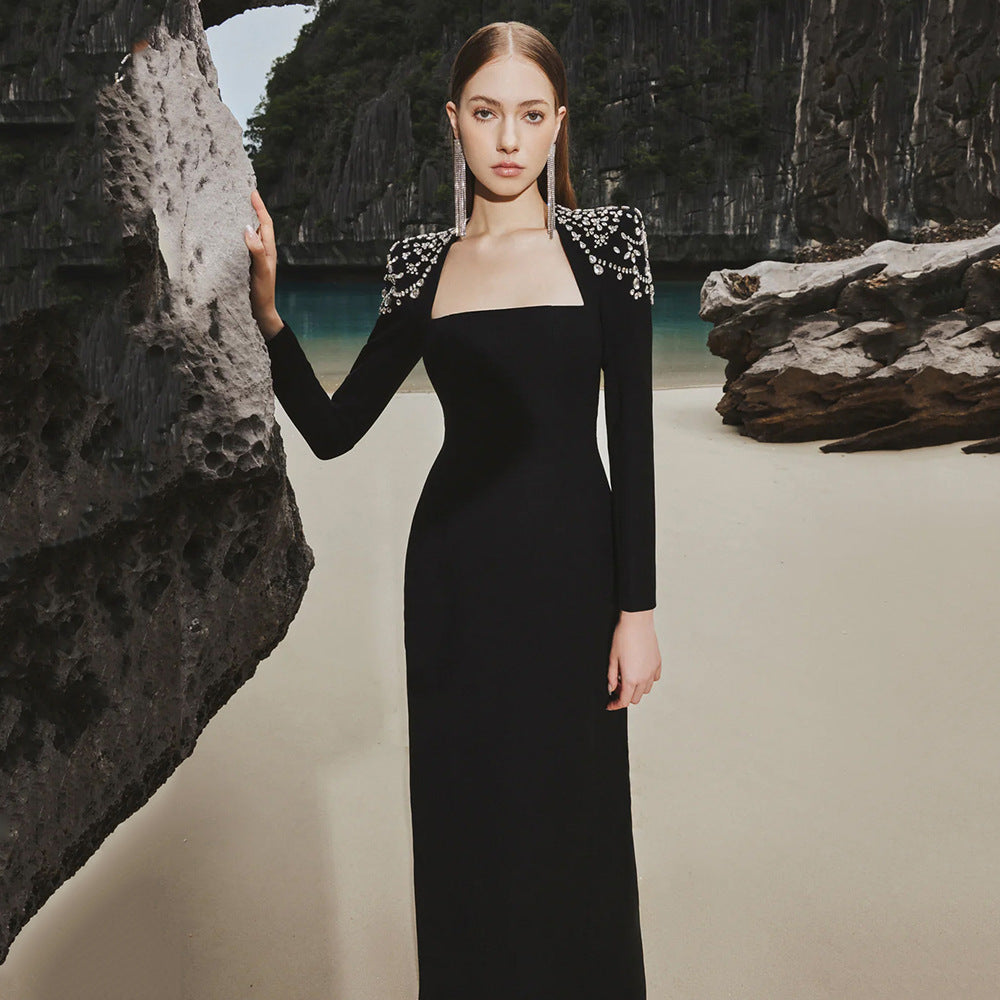 Temperament Square Collared Diamond With Long Sleeve Banded Dress Dress For Party Dinner
