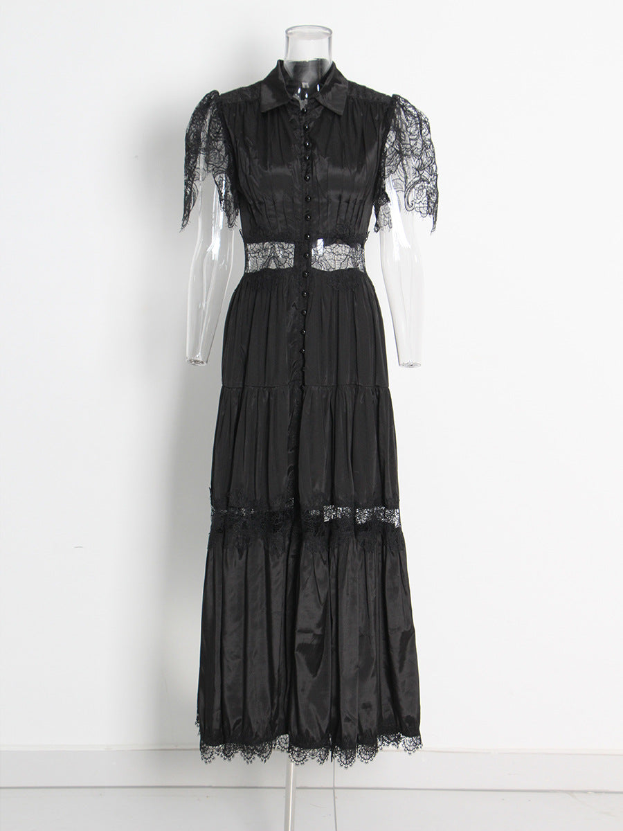 Black Rose Lace Stitched 2025 New Women's Summer Collar Short-Sleeved Long Solid Dress