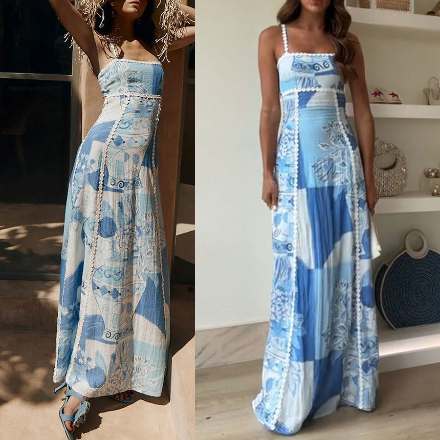 2024 New Sling-Print Dress INS Casual Holiday Loose Women's Dress HZ0628