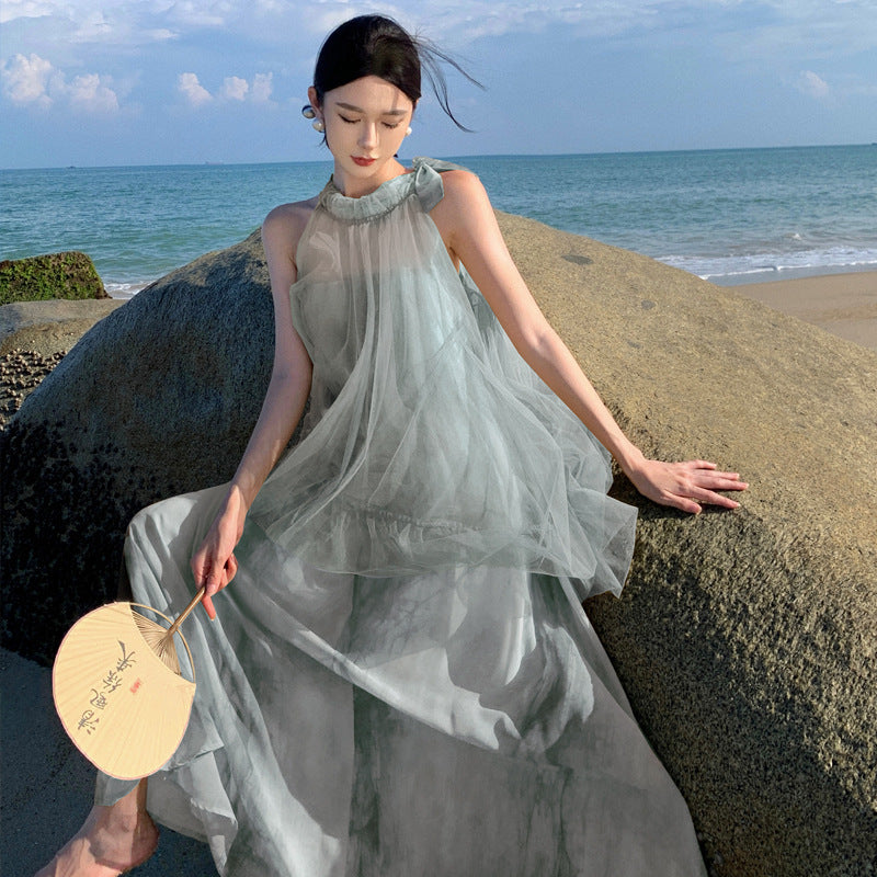 New Temperament Hanging Neck Dye Chiffon Skirt Fake Two Holiday Dress Summer