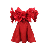 Evening Dress Three-Dimensional Flowers Spliced A Word Shoulder Skirt 2025 New Women's Summer Waist Solid Color Dress Women