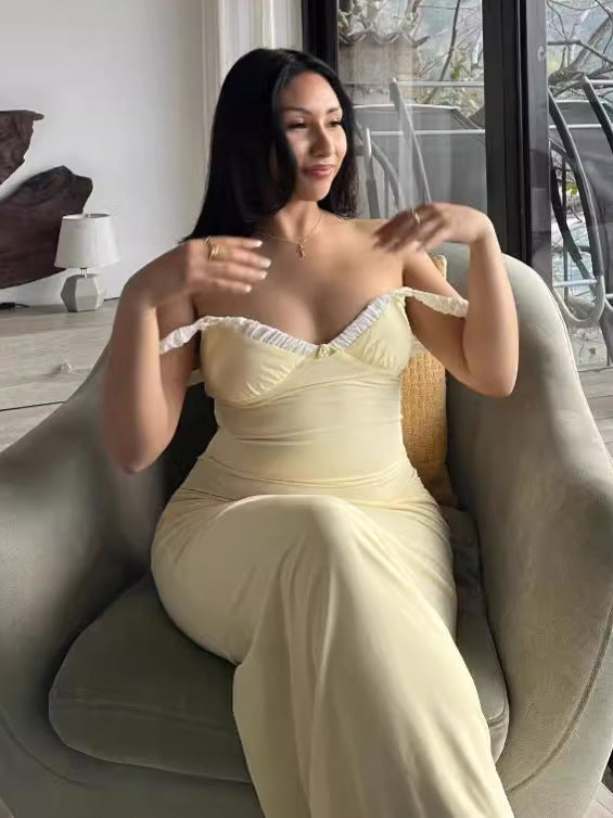 Splicing-Colbled V-Necked Wrinkled Sling Dress 2024 Summer New Holiday Style-Style Bag-Groomed Long Dress