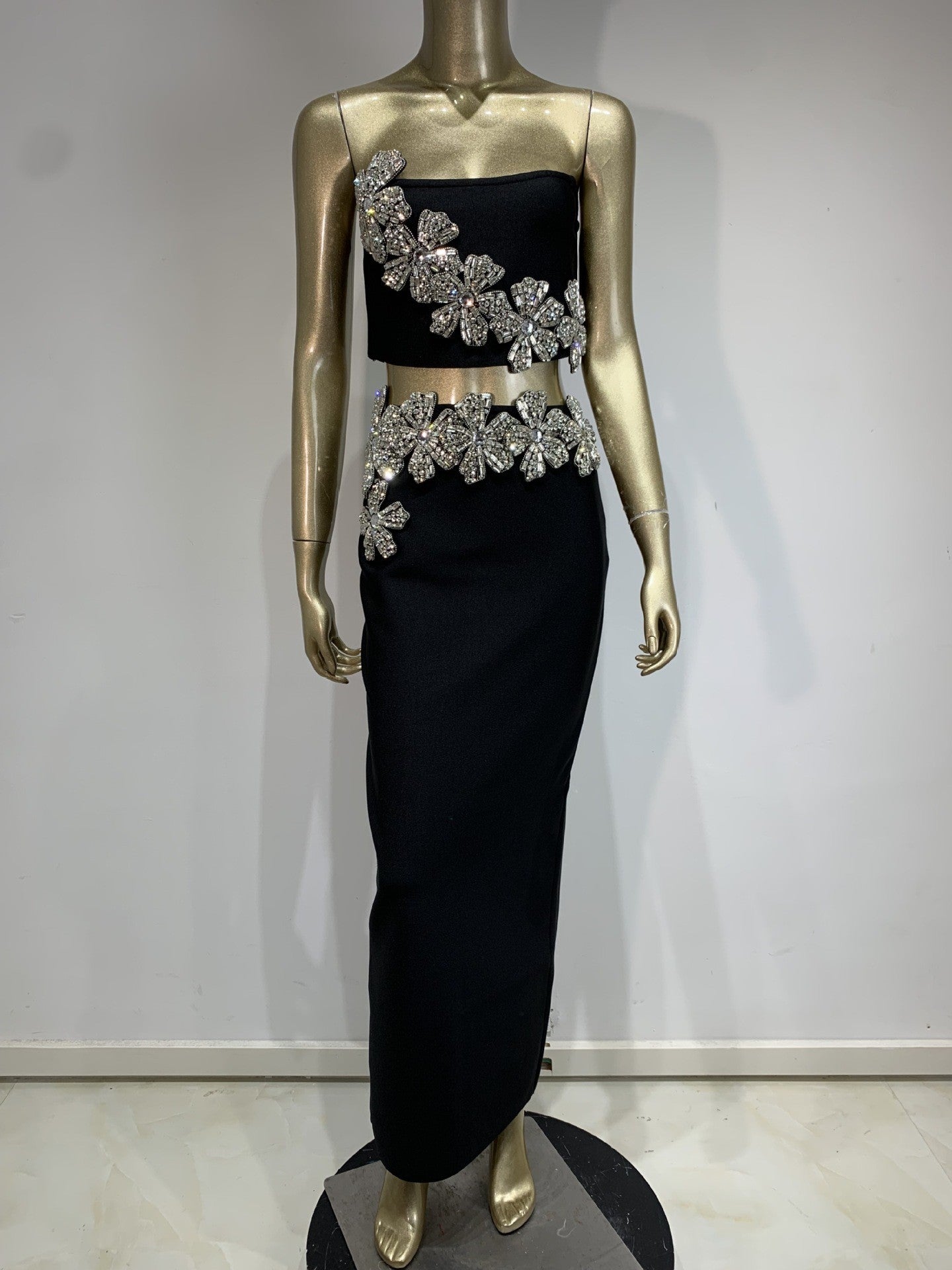 Fashion Heavy Industry Braided Flower Diamond Bag Bandage Long Skirt Party Two-Piece Dress