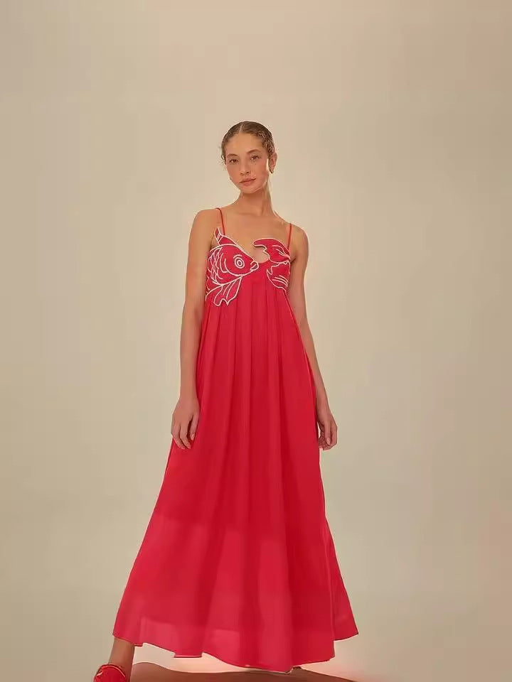 Sensense Fish-Shaped Three-Dimensional Embroidery Chest Pressure Folded Red Sling Dress 2024 Spring And Summer New