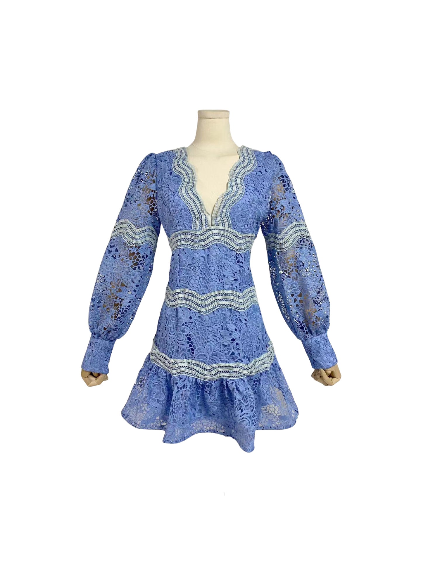 Autumn New V-Neck Lantern Sleeve Splicing Hollow Design Short Dress Woman