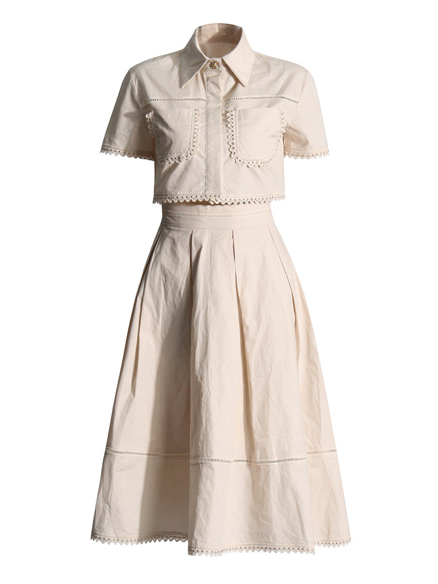 Lace Embroidery Set 2025 Spring New Collar Short-Sleeved Shirt High-Waist Long Dress Solid Color Woman